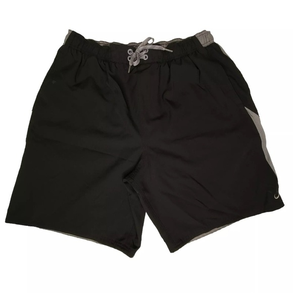 Nike Shorts Black Grey Swim Trunks Lined Pocket Swoosh Swimsuit - Picture 1 of 8